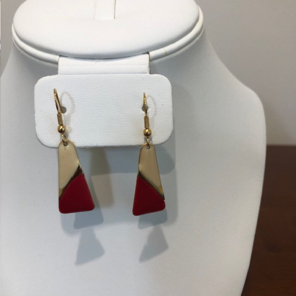 Red Cream Two-Tone Rectangular Dangle Earrings 80… - image 2